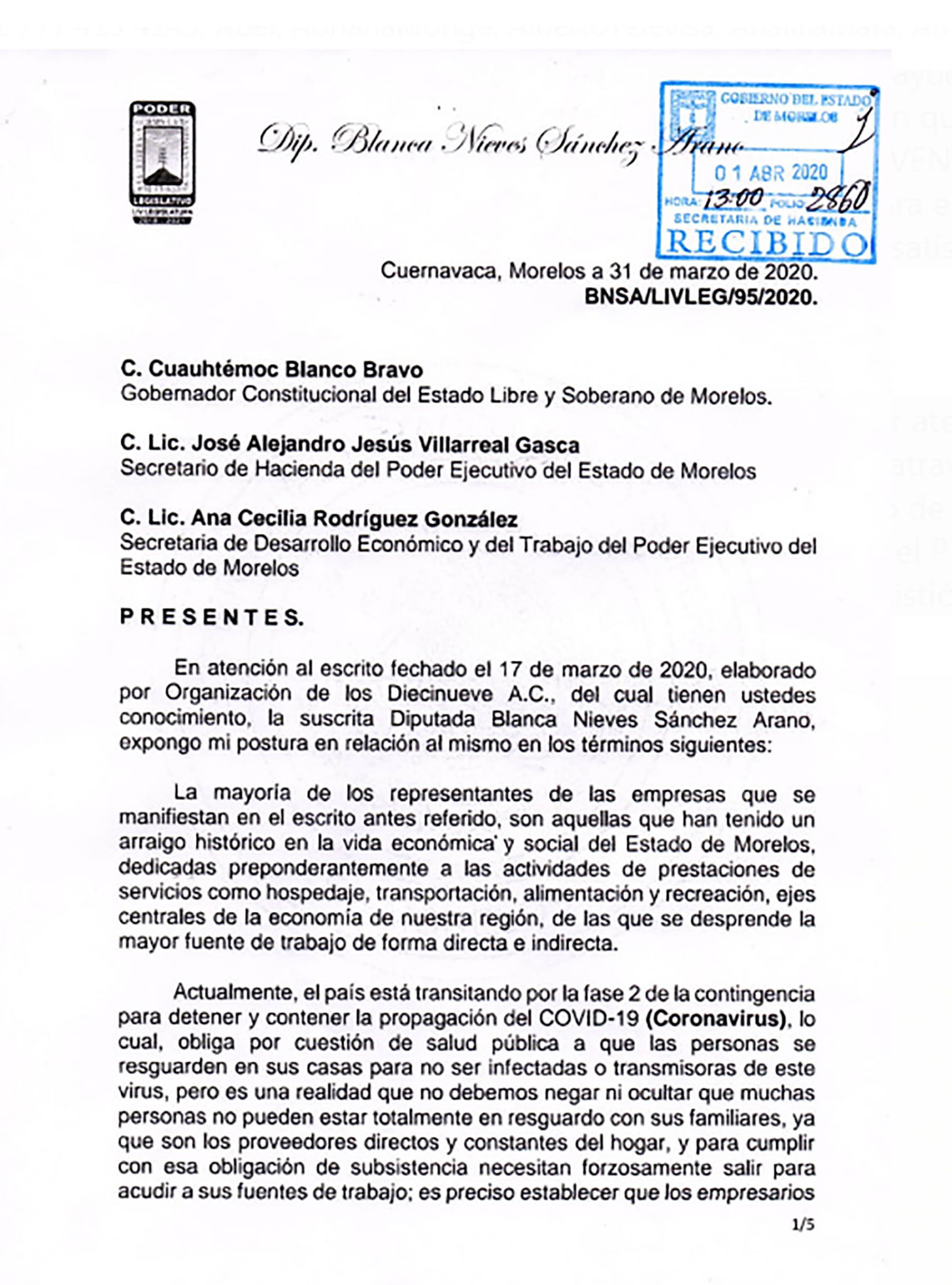 Documento presentado por la diputadao Blanca Nieves Sánchez