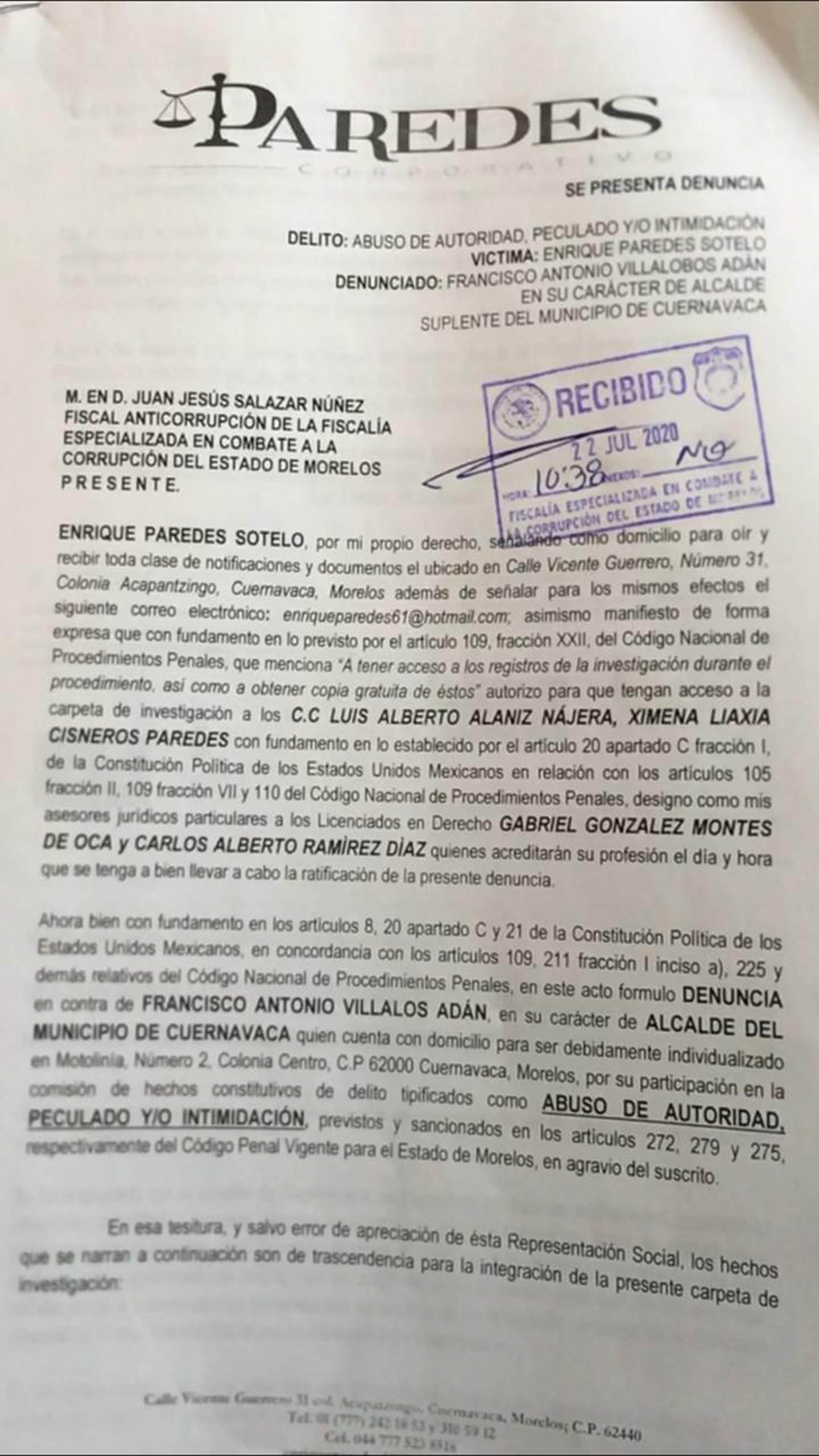 Denuncia interpuesta por Paredes Sotelo al alcalde de Cuernavaca