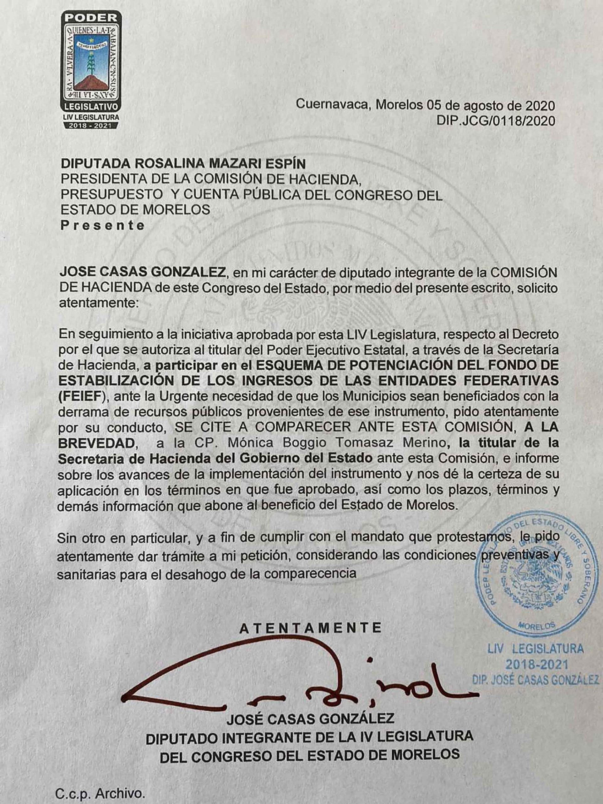 Solicita José Casas la comparecencia de la Secretaria de Hacienda del  Gobierno del Estado – Morelos Migrante