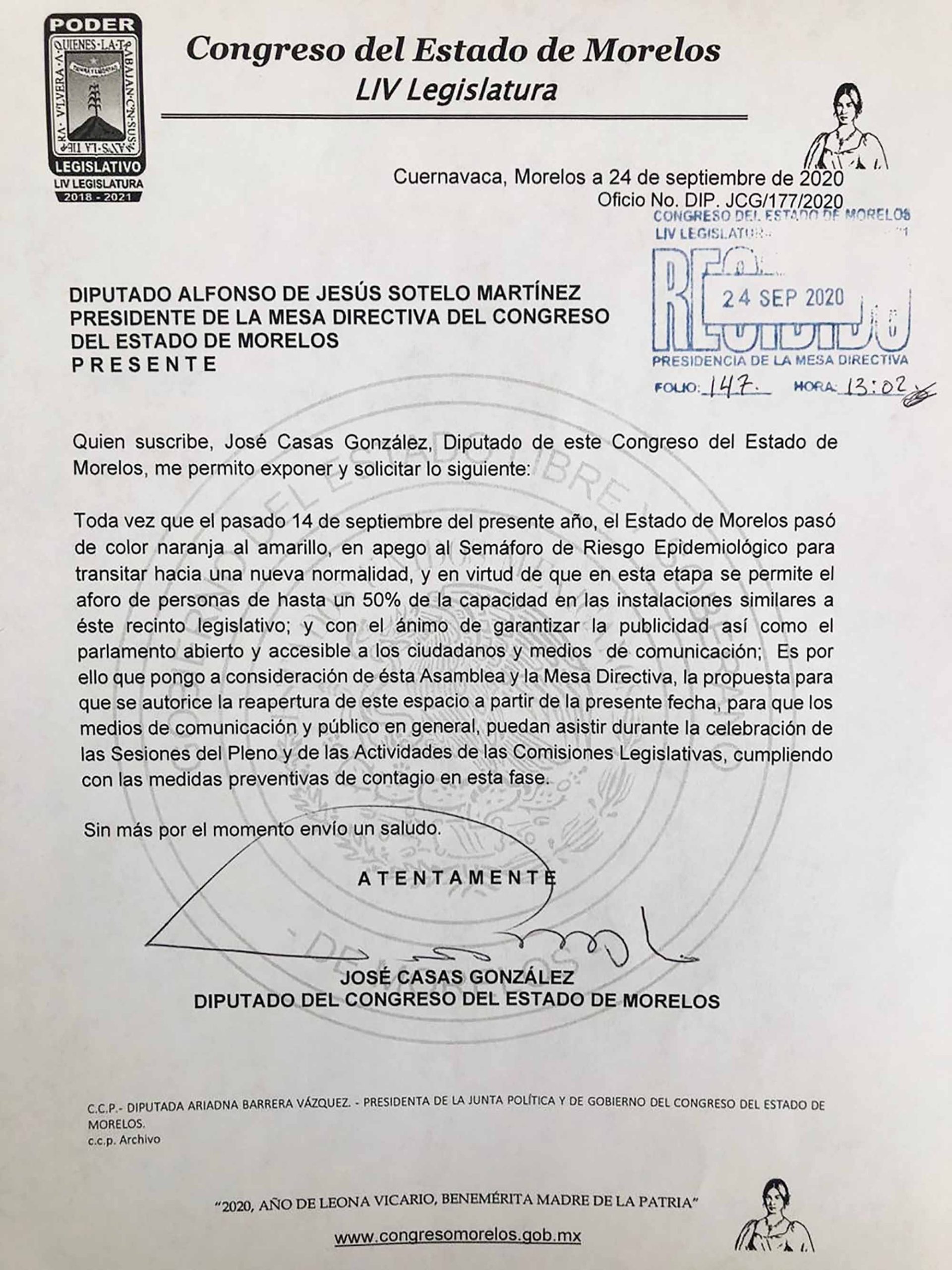 Solicitud del diputado José Casas