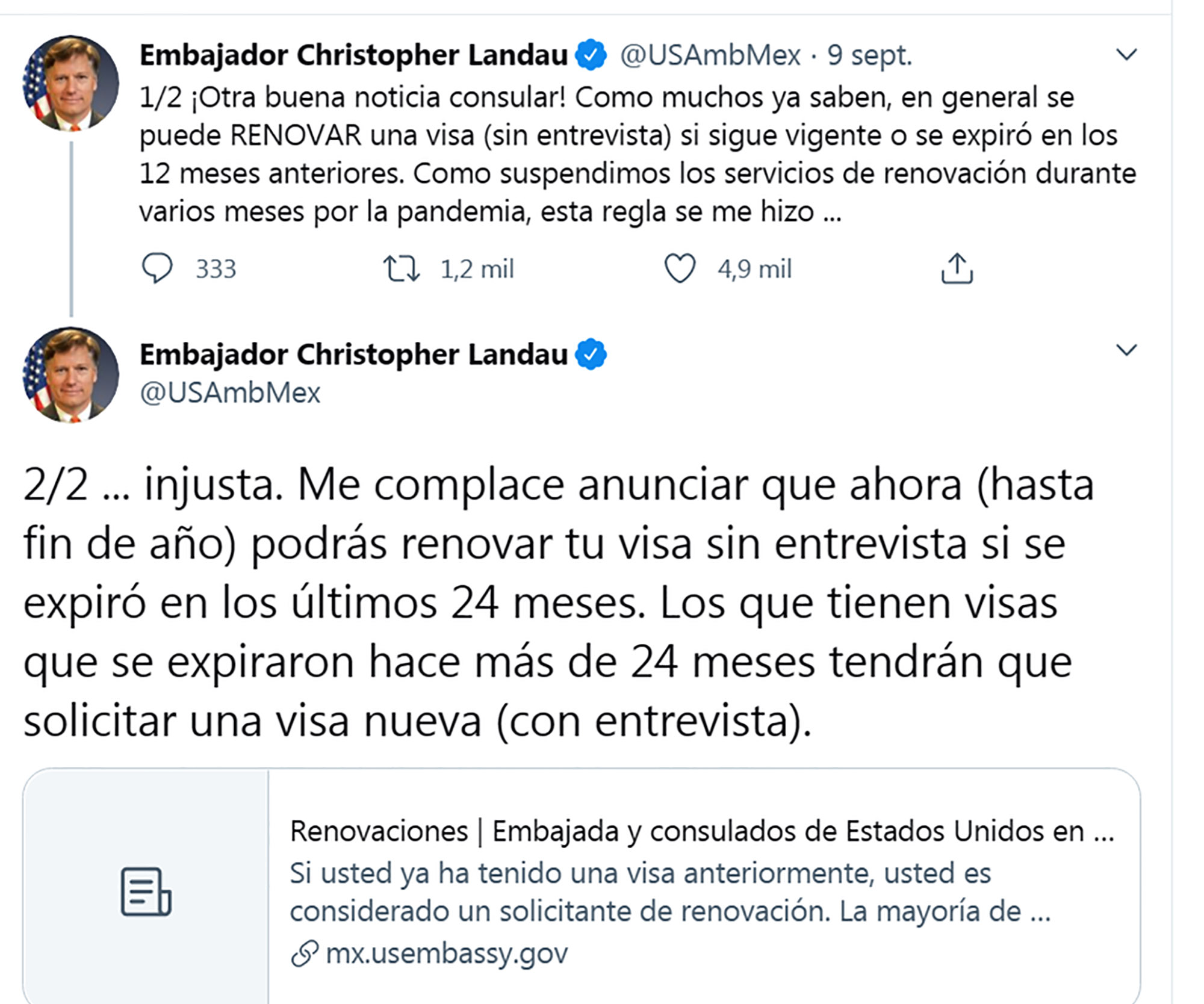 Twitter del embajador Christopher Landau 