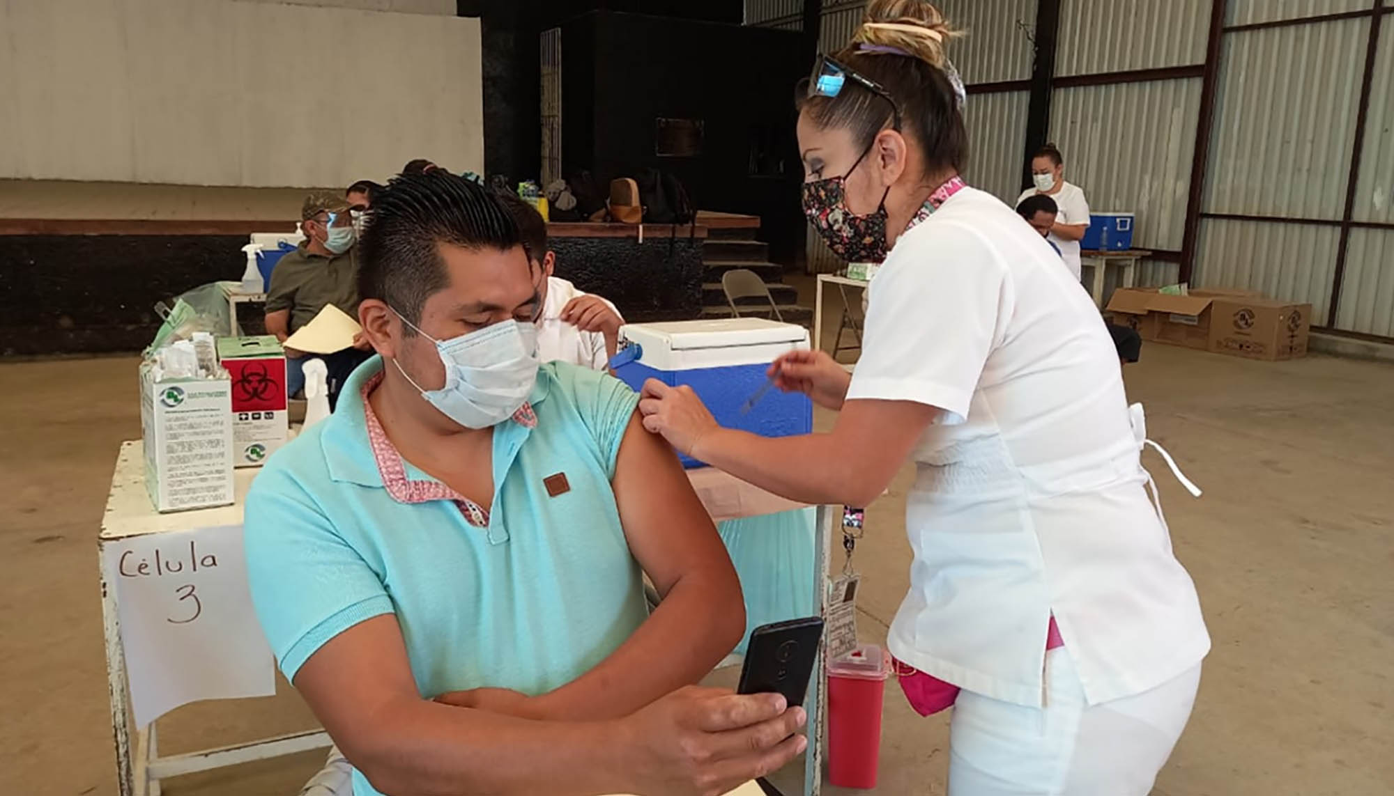 Aplicación de vacuna a maestro 